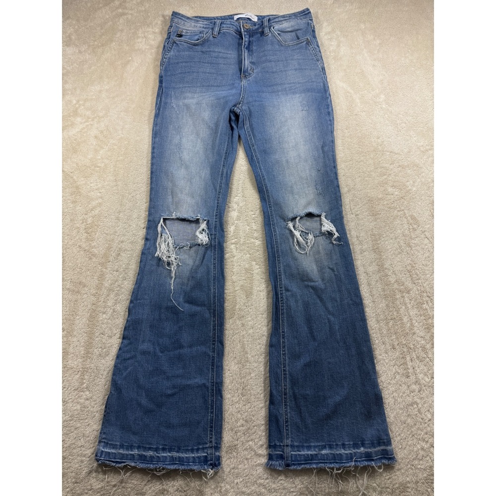 Kancan Womens High Rise Distressed Flare Blue Denim Jeans 11/29 Meas: 29x32.5